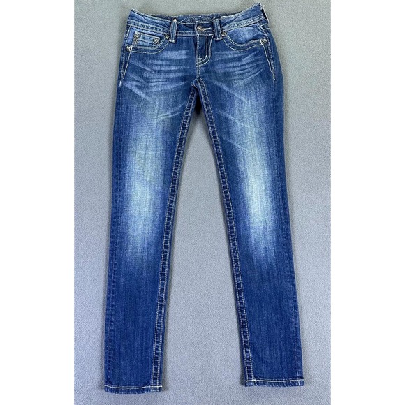 Miss Me Jeans 26 Blue Skinny Fluer De Lis Rhinestone Embroidered Bling Y2K Denim - Picture 2 of 8